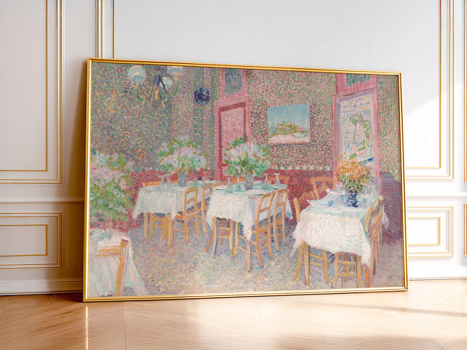 Van Gogh Interior of a Restaurant art print featuring a vintage French café scene with soft pink and green tones.