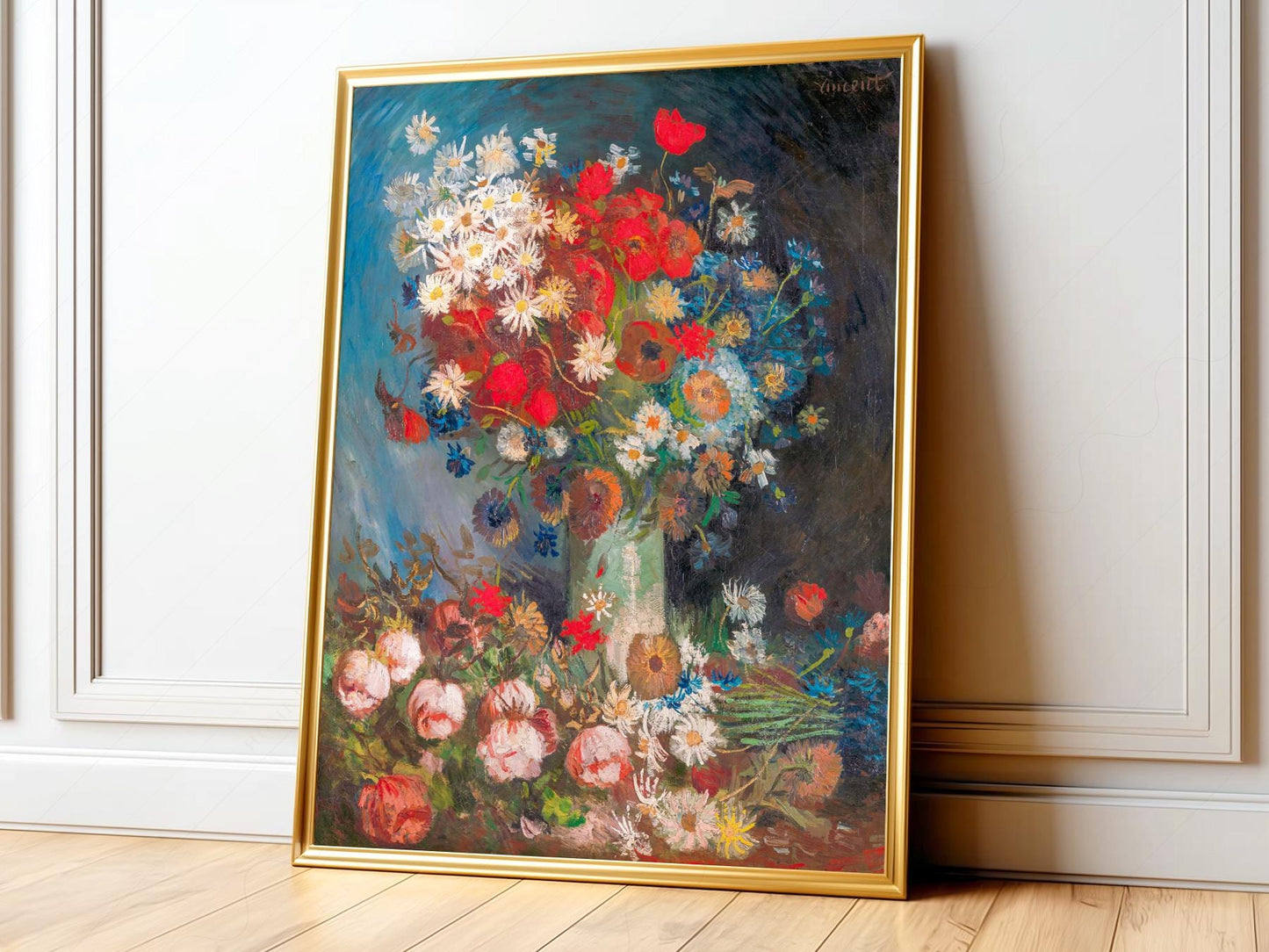 Van Gogh floral still life art print featuring poppies, daisies, and roses in a vase as wall art.