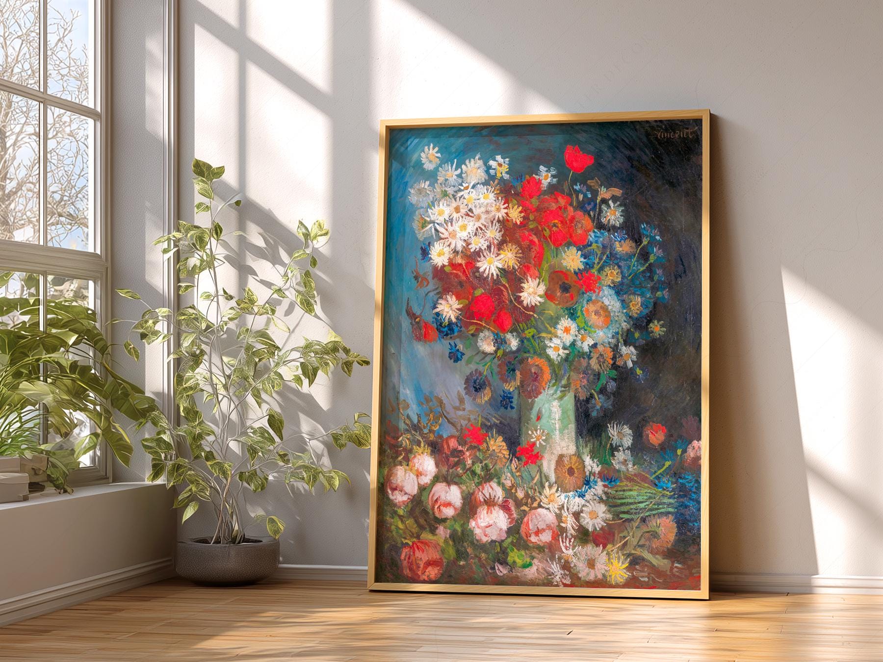 Van Gogh Vase with Poppies and Daisies Art Print – art poster for living room