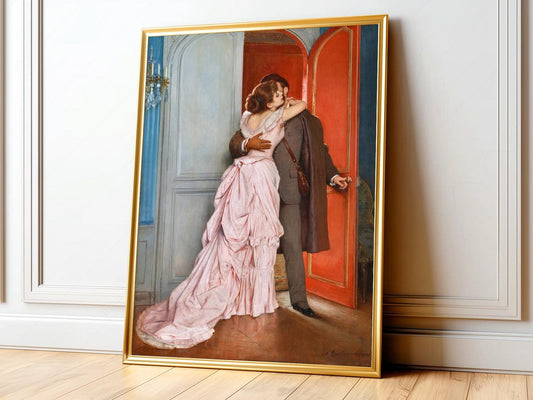 Auguste Toulmouche The Kiss romantic Victorian art print featuring an embracing couple in elegant attire
