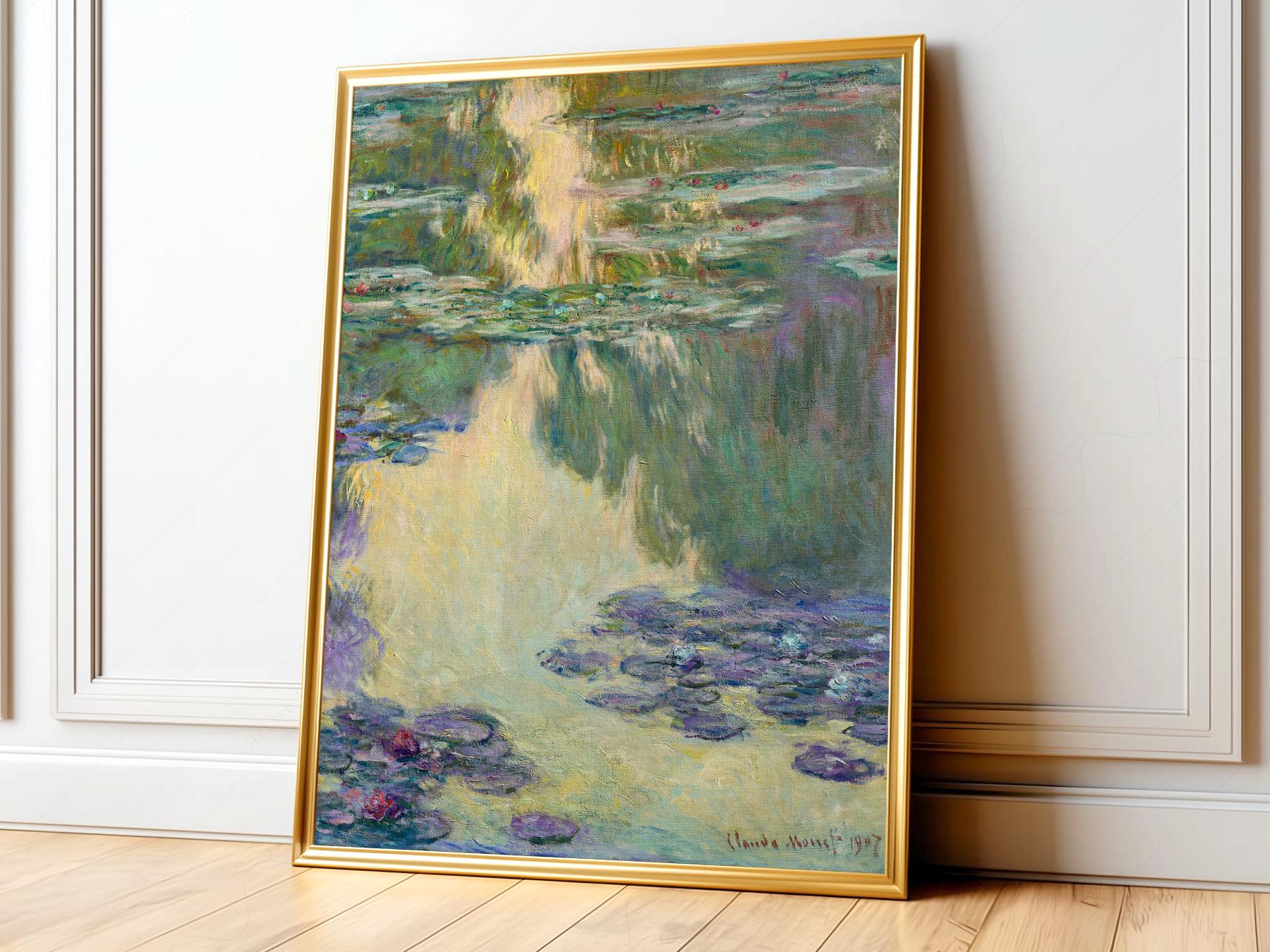 Claude Monet Water Lilies Nymphéas Impressionist art print featuring serene lily pond with green and purple tones.
