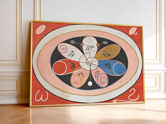 Hilma af Klint Evolution No. 15 abstract art print with colorful petal shapes and spiritual symbols as wall art.