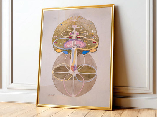 Hilma af Klint Tree of Knowledge art print featuring mystical geometric forms in soft earth tones and pink.