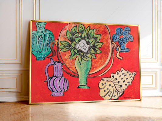 Henri Matisse Still Life with Magnolia art print featuring bold red background with colorful vases and flowers.