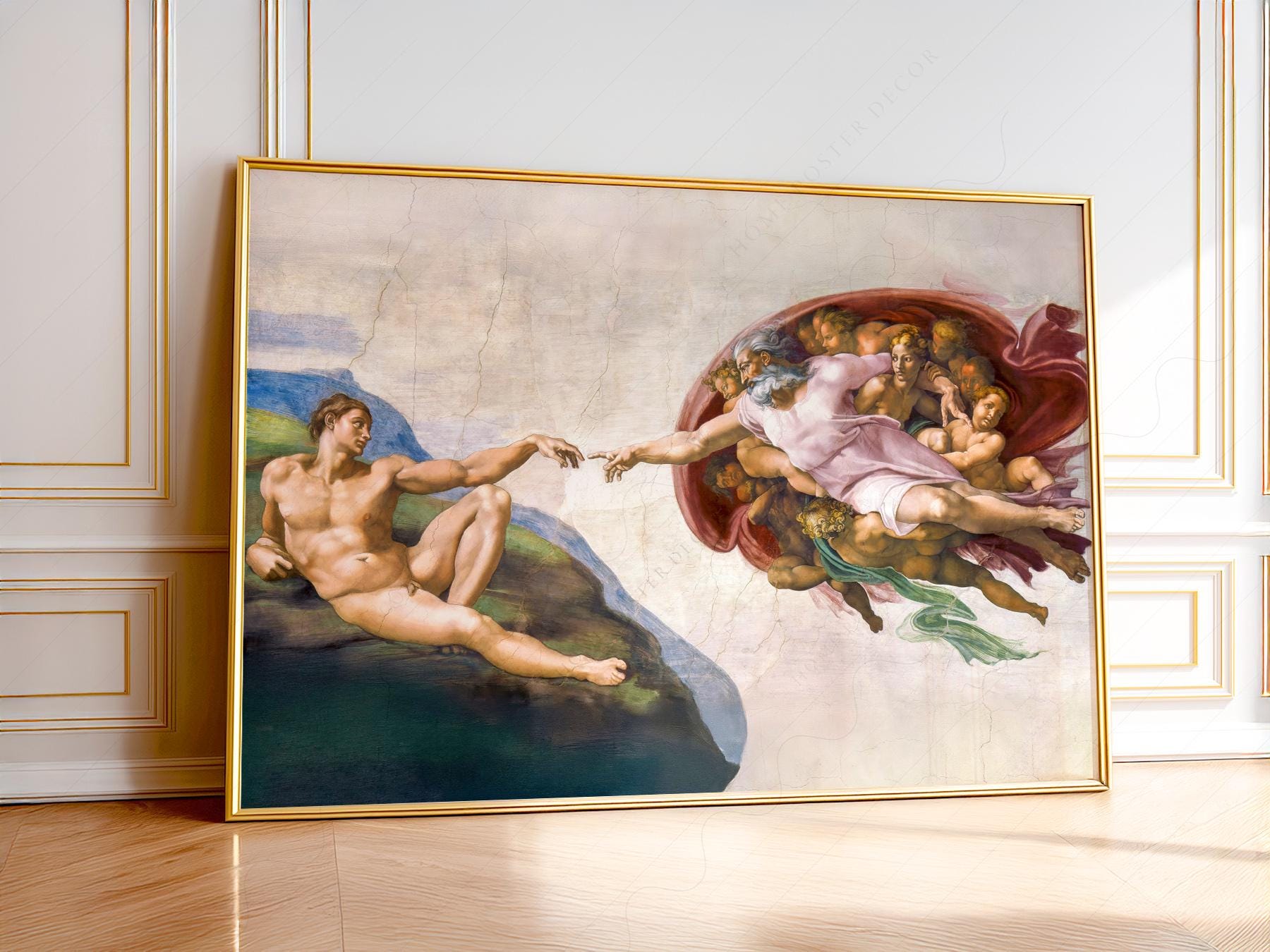 Michelangelo Creation of Adam Renaissance art print showing God reaching toward Adam in iconic Sistine Chapel composition.