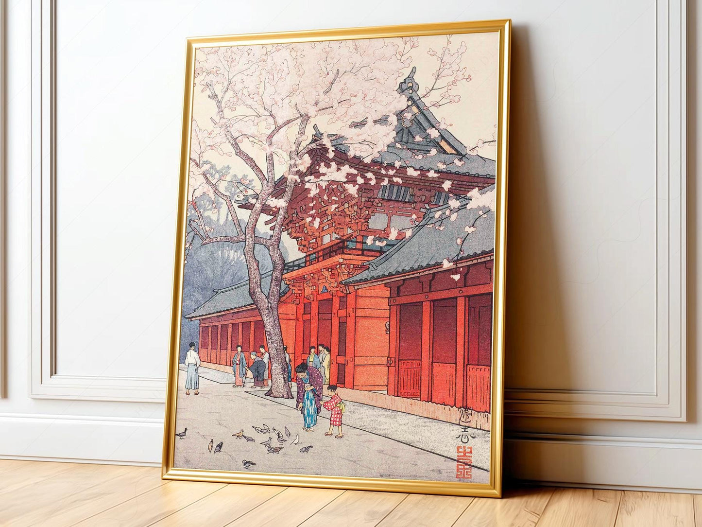 Hiroaki Takahashi Japanese woodblock art print featuring cherry blossoms and a red temple with figures in kimono.