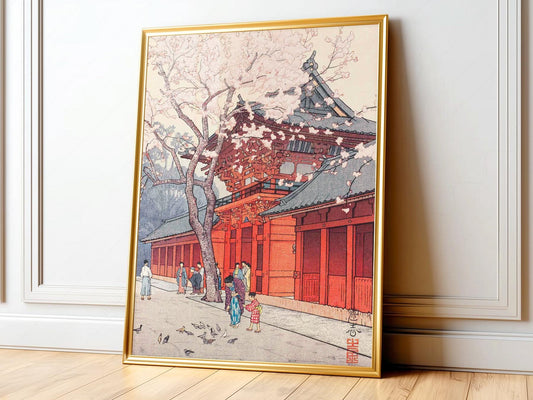 Hiroaki Takahashi Japanese woodblock art print featuring cherry blossoms and a red temple with figures in kimono.