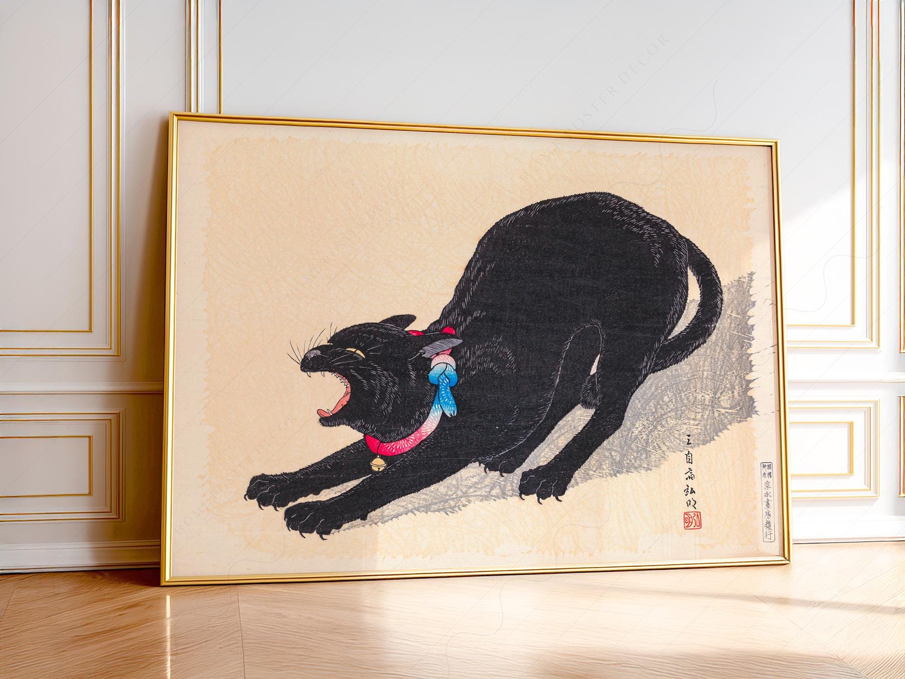 Japanese ukiyo-e style black cat yawning art print with red collar and blue ribbon vintage wall art.