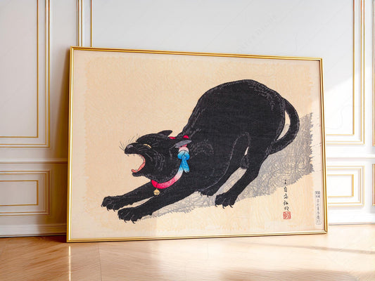 Japanese ukiyo-e style black cat yawning art print with red collar and blue ribbon vintage wall art.