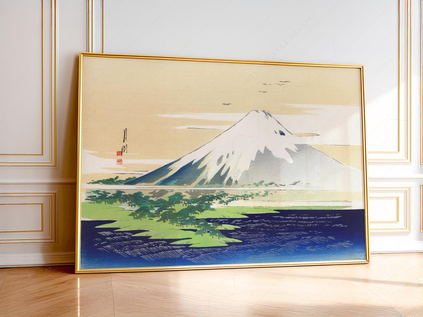 Ogata Gekkō Mount Fuji Japanese woodblock art print featuring snow-capped peak over calm waters and green pines.