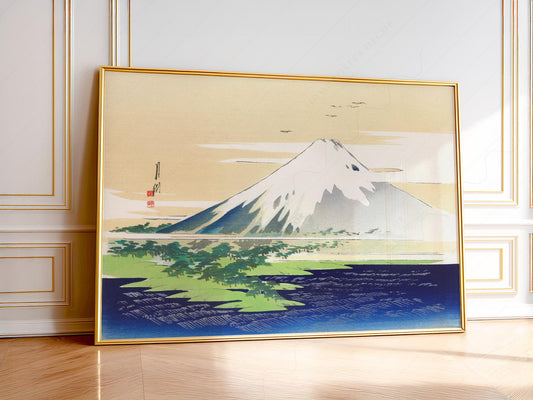 Ogata Gekkō Mount Fuji Japanese woodblock art print featuring snow-capped peak over calm waters and green pines.