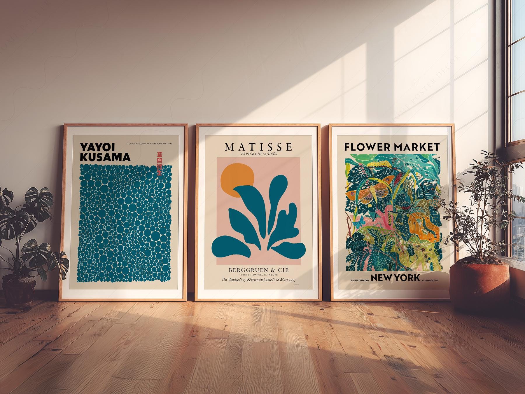 Teal Gallery Wall Set – Matisse Kusama Flower Market – high quality art print