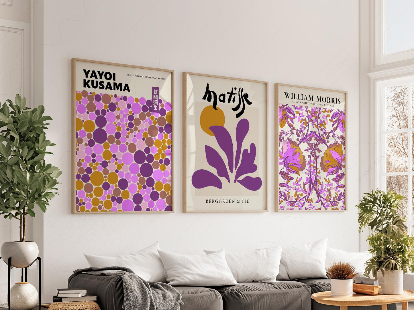 Set of three wall art prints featuring Yayoi Kusama, Henri Matisse, and William Morris in purple and gold tones.