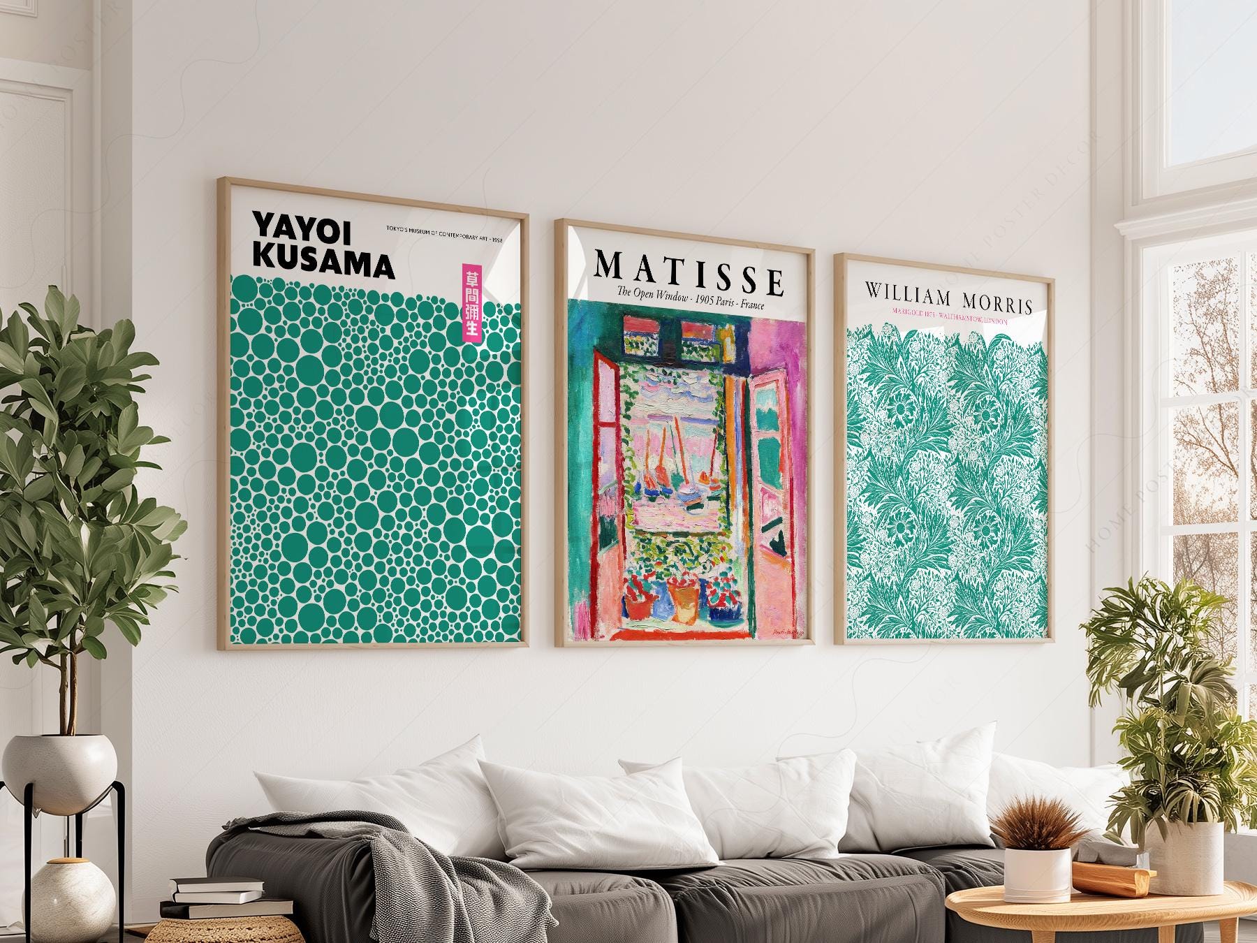 Gallery wall set of 3 art prints featuring Matisse Open Window, Yayoi Kusama dots, and William Morris Marigold in teal tones.