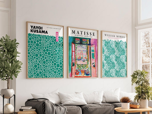 Gallery wall set of 3 art prints featuring Matisse Open Window, Yayoi Kusama dots, and William Morris Marigold in teal tones.