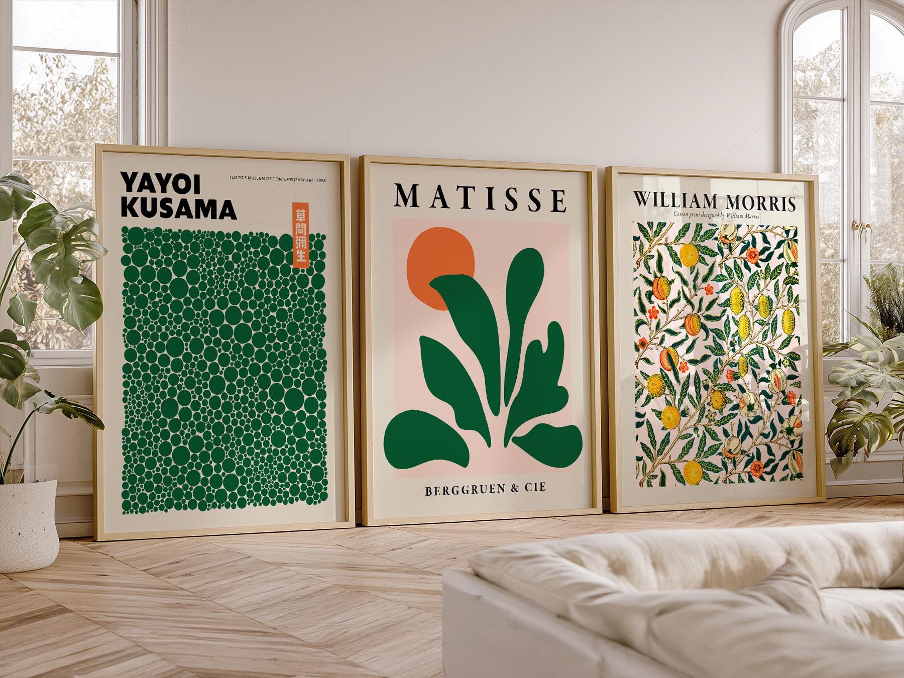 Kusama Matisse William Morris Set of 3 Prints – Green – fine art print wall decor