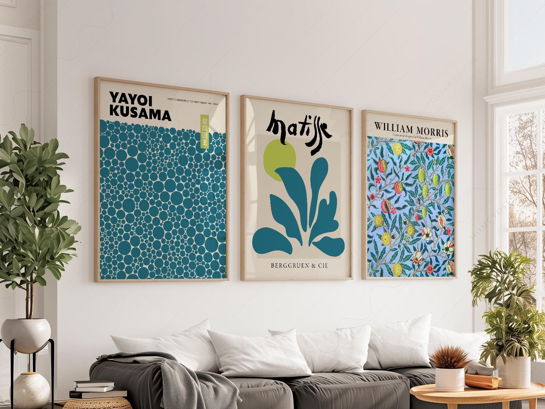 Gallery wall set of three art prints featuring Yayoi Kusama dots, Henri Matisse cut-outs, and William Morris botanical in teal tones.