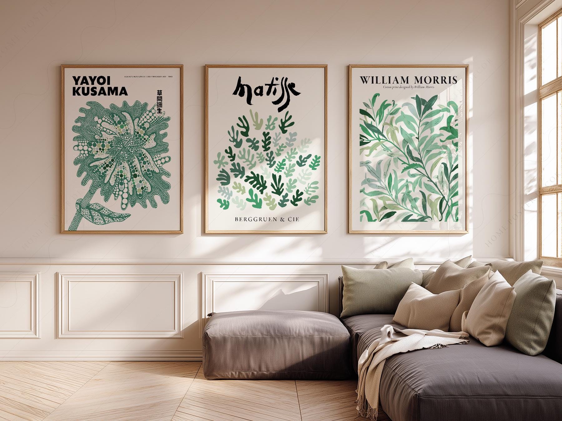 Set of 3 Green Botanical Prints – Kusama Matisse – art poster for living room