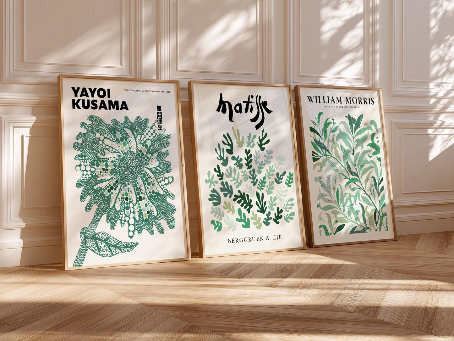 Set of 3 Green Botanical Prints – Kusama Matisse – gallery wall art poster