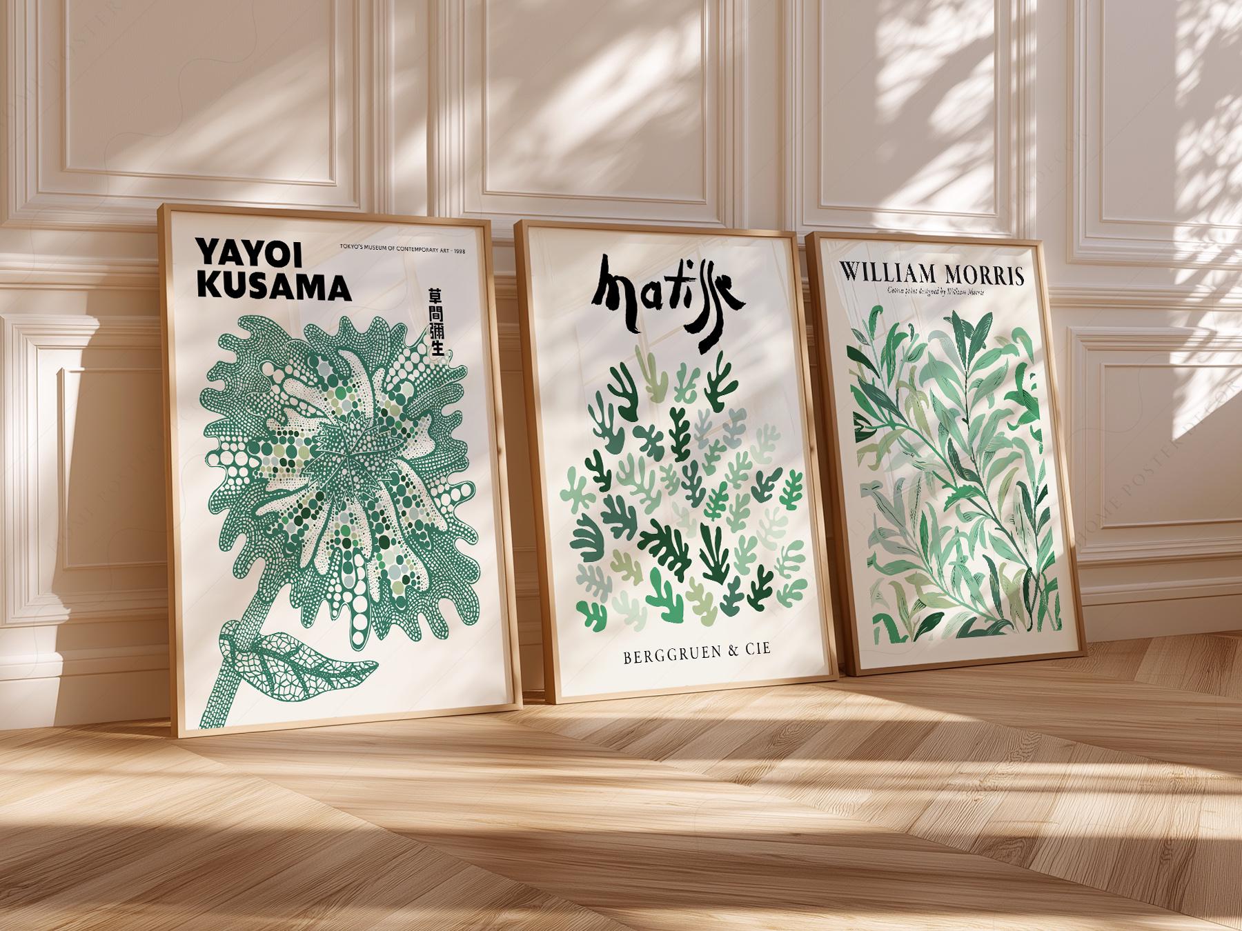 Set of 3 Green Botanical Prints – Kusama Matisse – gallery wall art poster