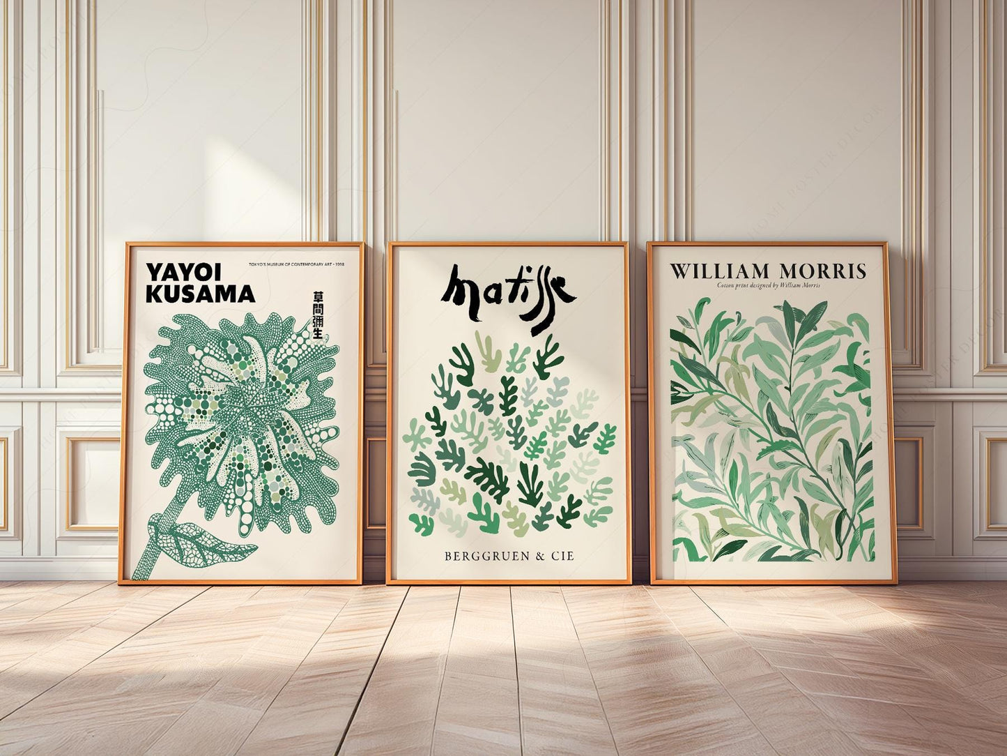 Set of 3 Green Botanical Prints – Kusama Matisse – fine art print wall decor