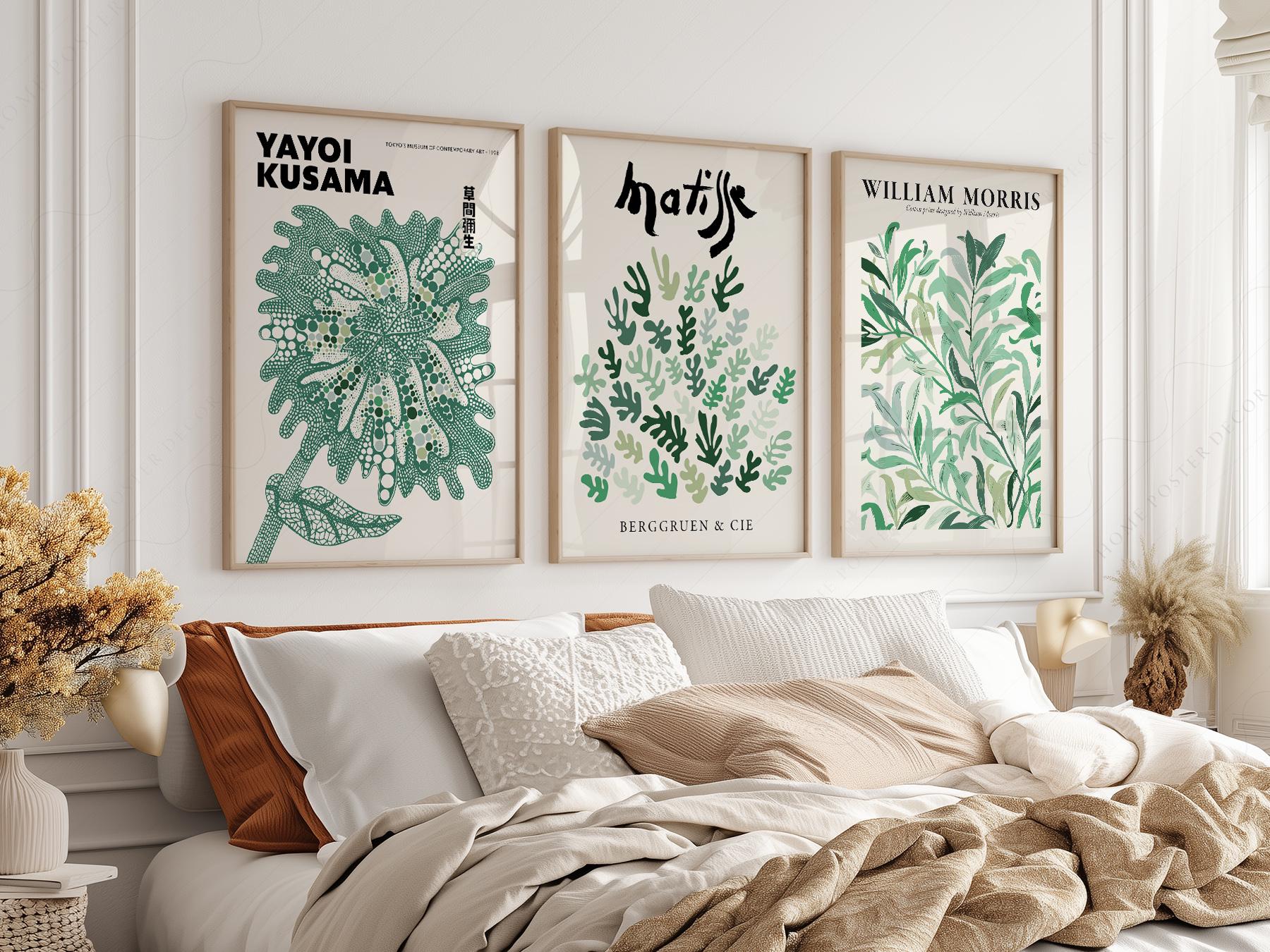 Set of 3 Green Botanical Prints – Kusama Matisse – classic art print reproduction