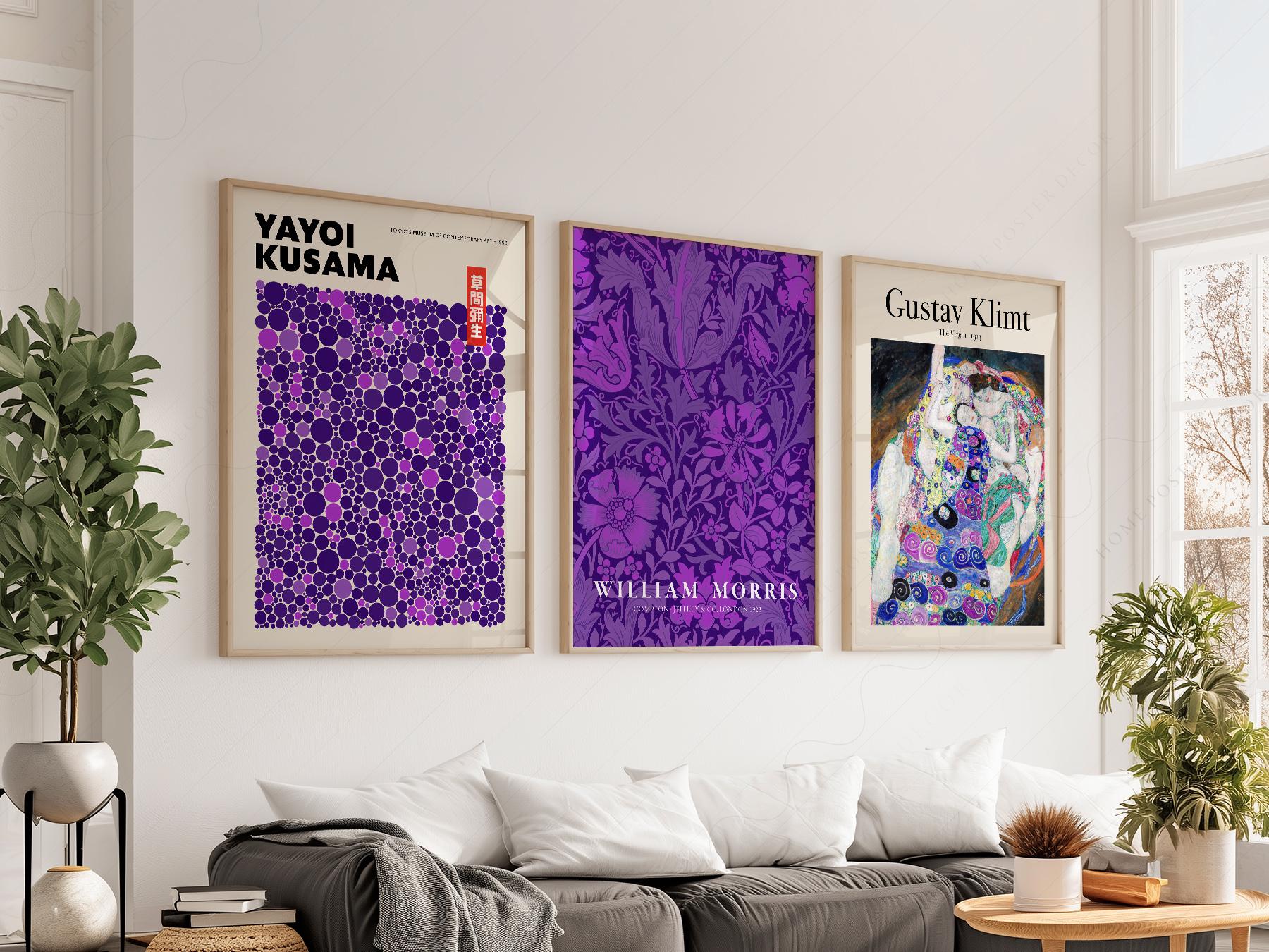 Set of three purple art prints featuring Yayoi Kusama, William Morris, and Gustav Klimt wall art in living room