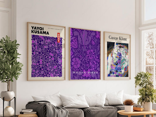 Set of three purple art prints featuring Yayoi Kusama, William Morris, and Gustav Klimt wall art in living room