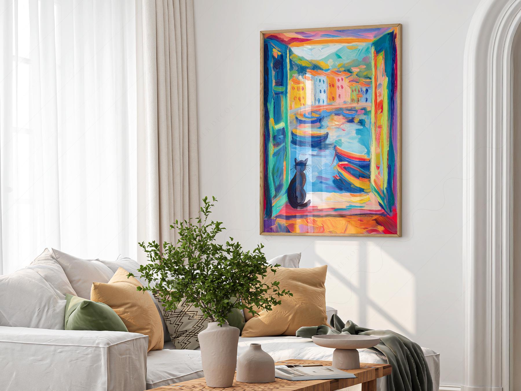 Matisse Inspired Black Cat Window Print – Colorful – fine art wall poster