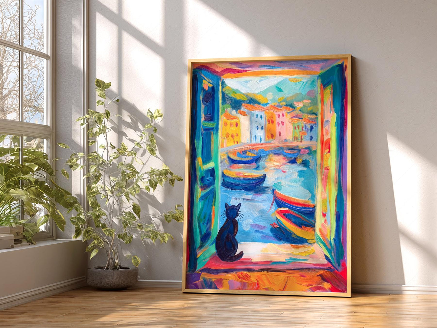 Matisse Inspired Black Cat Window Print – Colorful – classic art print reproduction