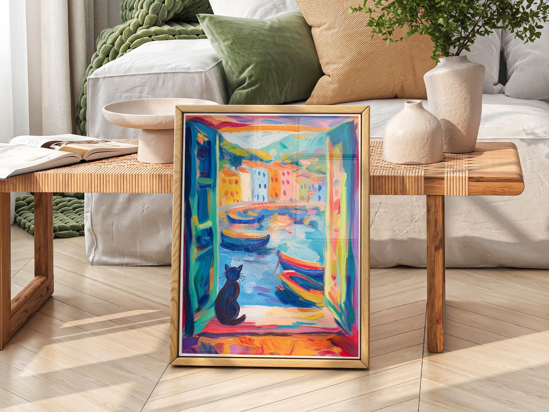 Matisse Inspired Black Cat Window Print – Colorful – art poster for living room