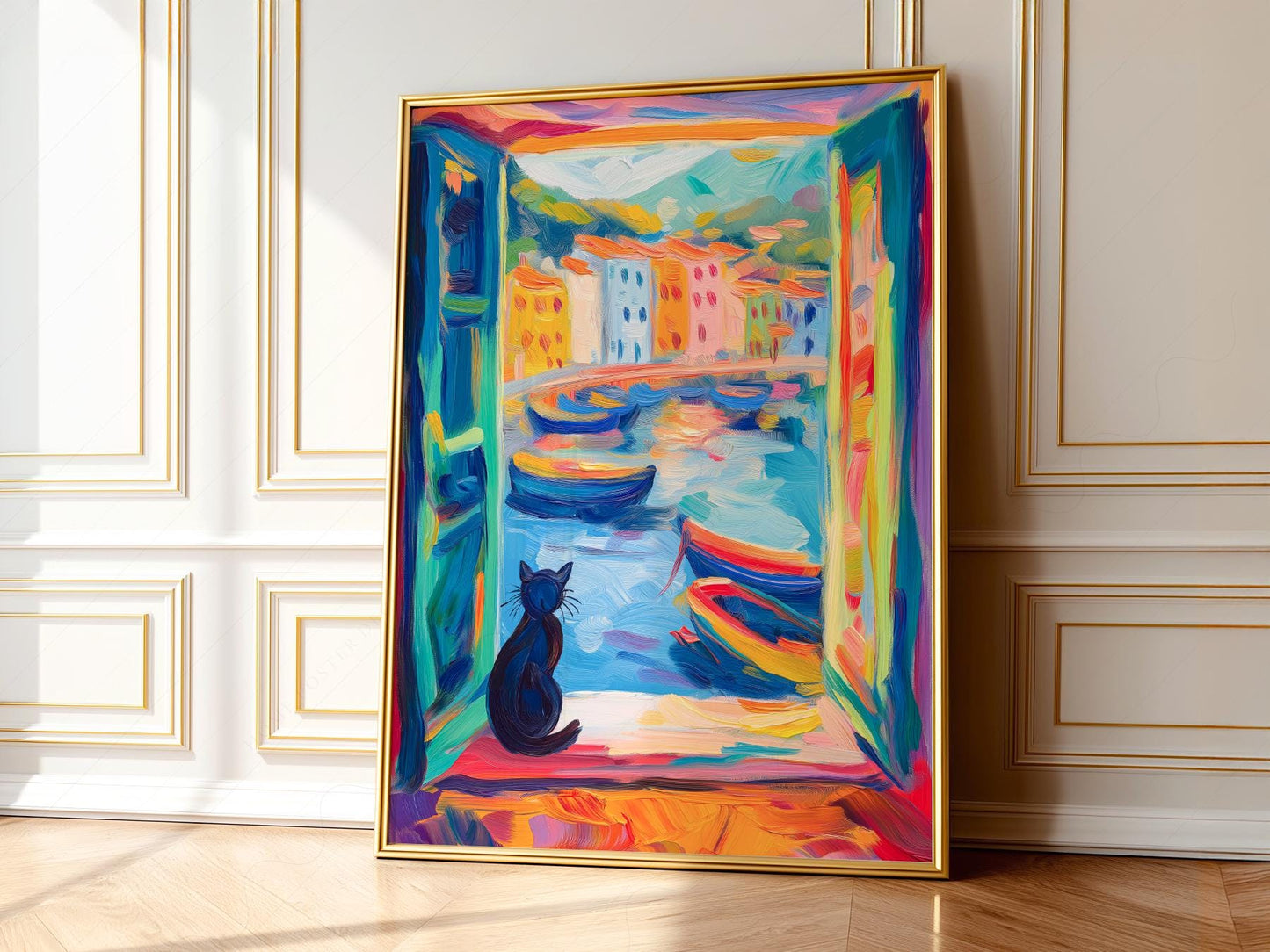 Matisse-inspired colorful art print of a black cat sitting at a window overlooking a Mediterranean harbor with boats.