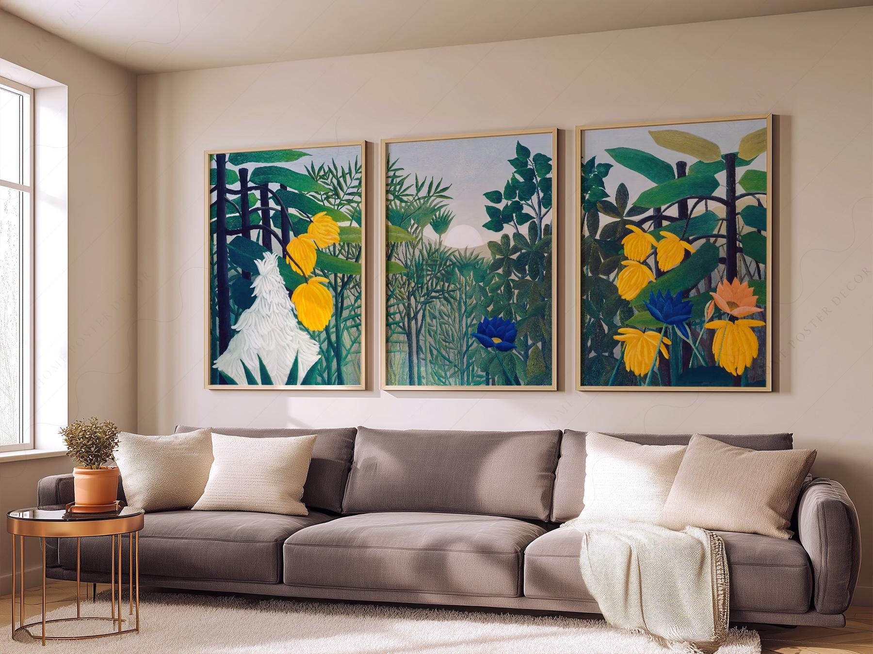 Henri Rousseau The Repast of the Lion triptych art print set featuring lush tropical jungle wall art