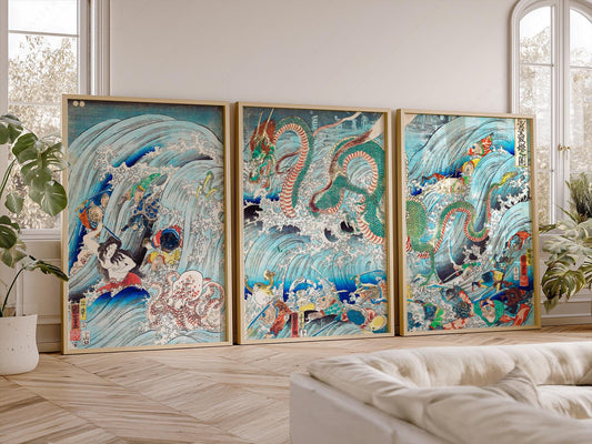 Utagawa Kuniyoshi Dragon Triptych Print Set – Japanese – fine art print wall decor