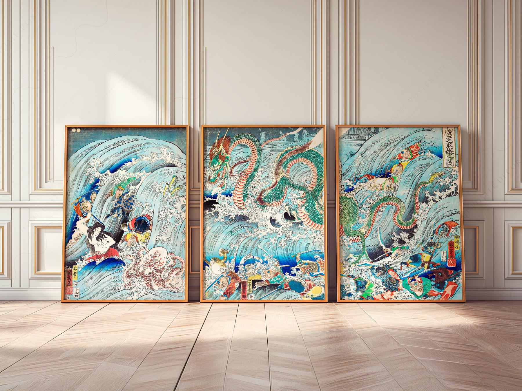 Utagawa Kuniyoshi Dragon Triptych Print Set – Japanese – art poster for living room