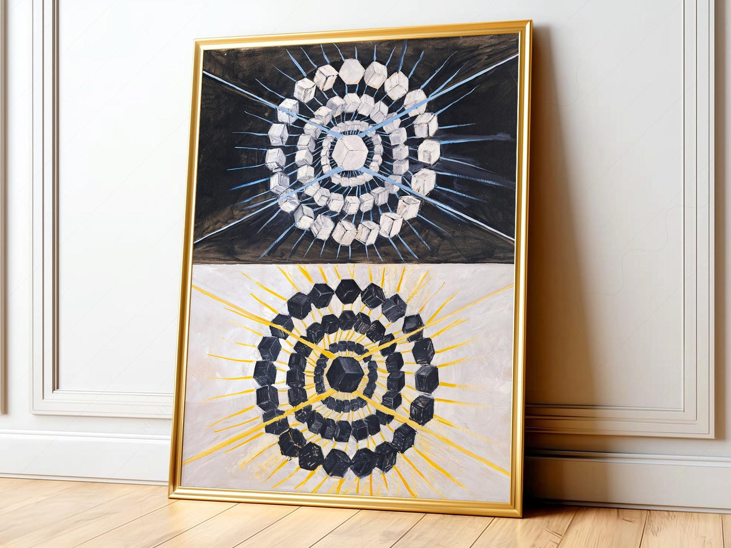 Hilma af Klint Swan abstract art print featuring geometric circles in black and white with radiating rays wall art.