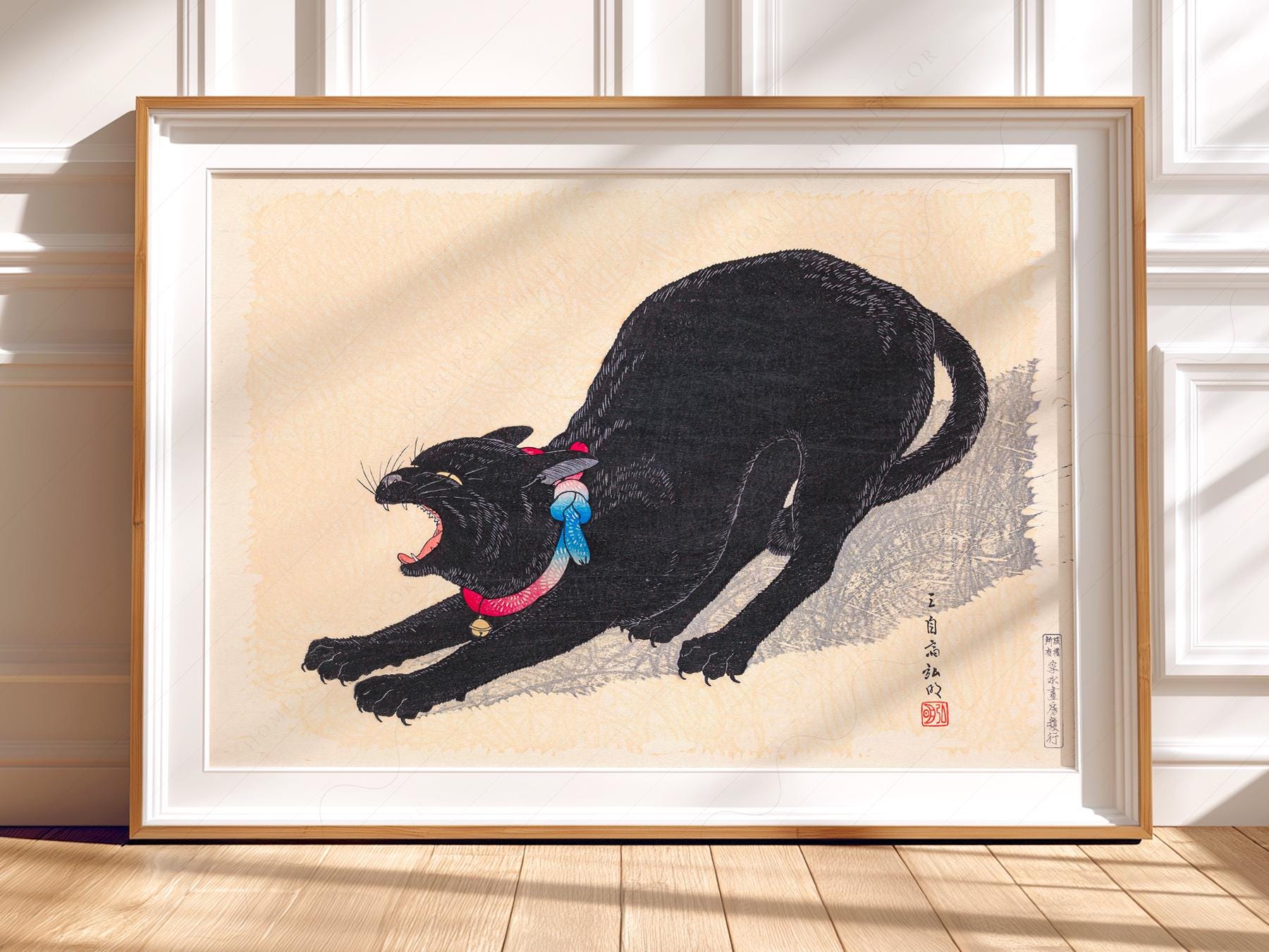 Japanese Black Cat Yawning Ukiyo-e Print – Vintage – gallery wall art poster