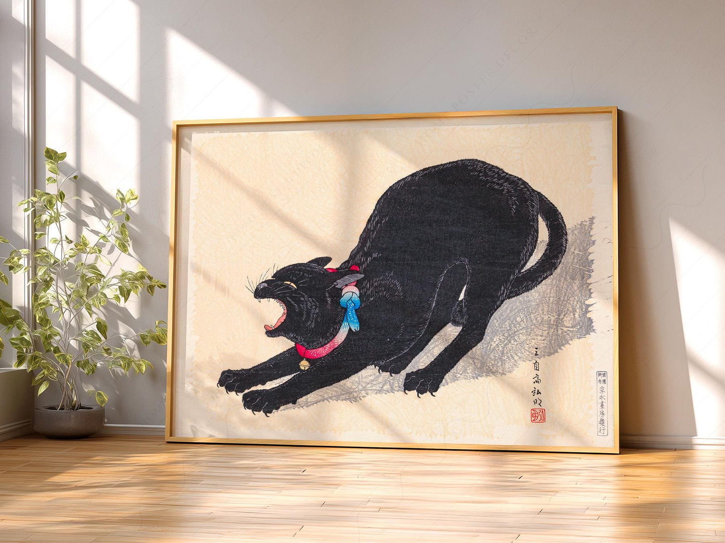 Japanese Black Cat Yawning Ukiyo-e Print – Vintage – museum quality art print