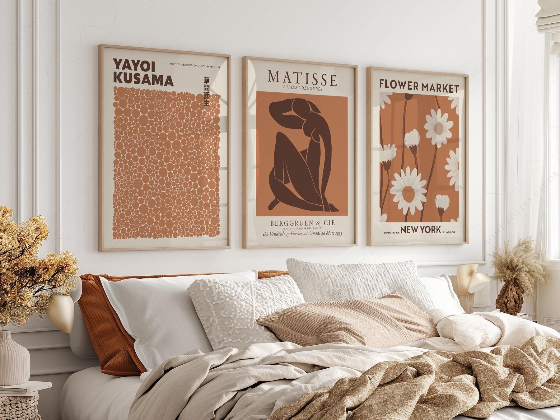 Set of three neutral art prints featuring Yayoi Kusama dots, Matisse figure, and Flower Market daisies as wall art.