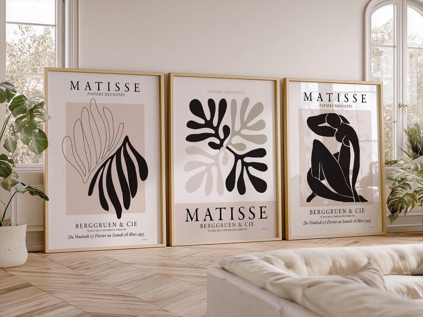 Henri Matisse Papiers Découpés set of 3 wall art prints featuring abstract cut-out leaves and figure in neutral tones.