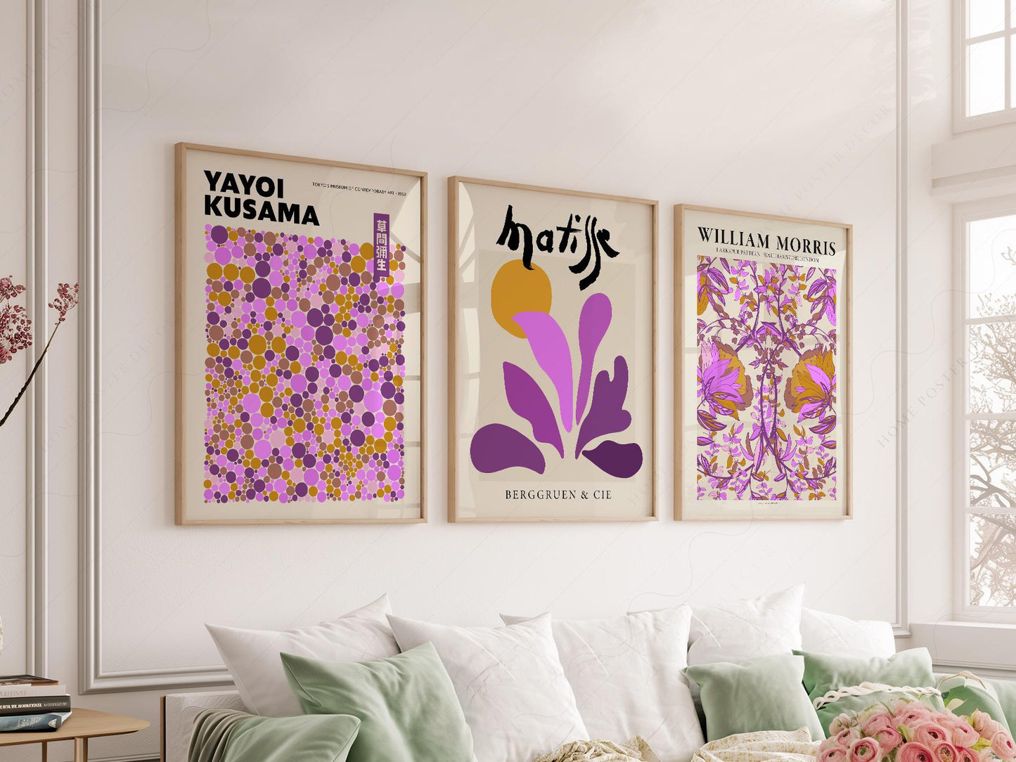 Set of three purple art prints featuring Yayoi Kusama, Henri Matisse, and William Morris wall art.