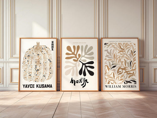 Gallery wall set of three art prints featuring Yayoi Kusama pumpkin, Matisse cut-outs, and William Morris botanical in neutral tones.