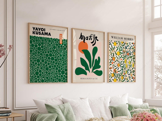 Gallery wall set of three art prints featuring Yayoi Kusama, Matisse, and William Morris in green and orange tones.