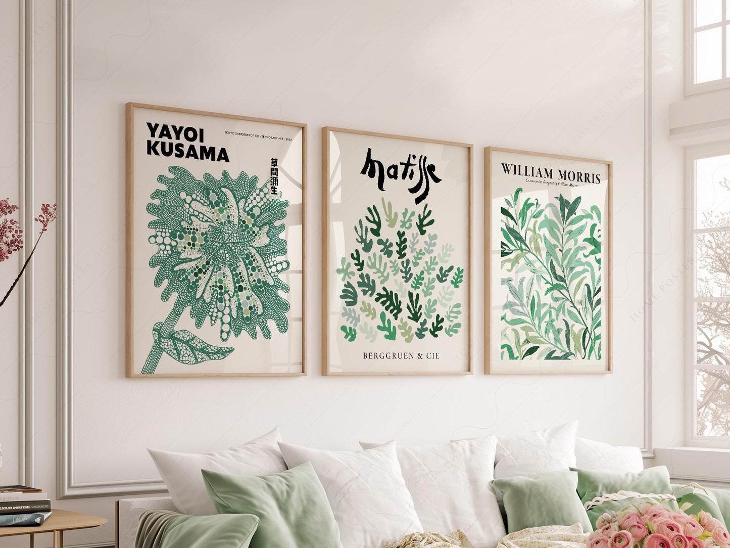 Set of 3 green botanical wall art prints featuring Yayoi Kusama, Henri Matisse, and William Morris designs.