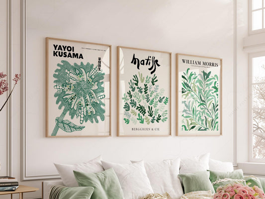 Set of 3 green botanical wall art prints featuring Yayoi Kusama, Henri Matisse, and William Morris designs.