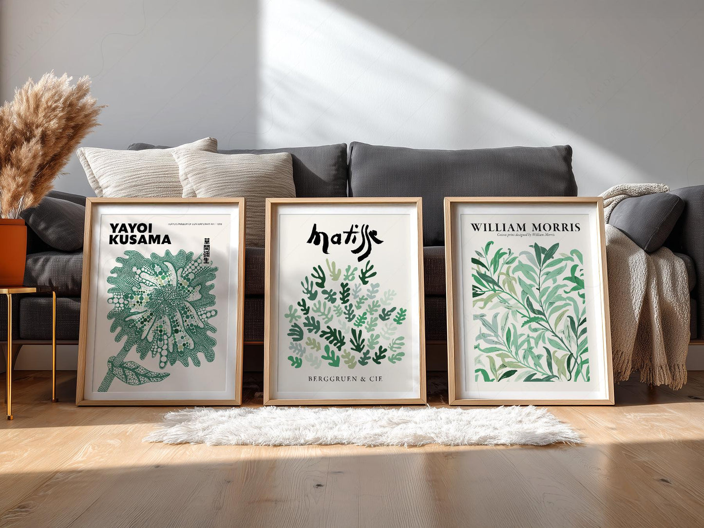Set of 3 Green Botanical Prints – Kusama Matisse – archival paper art print