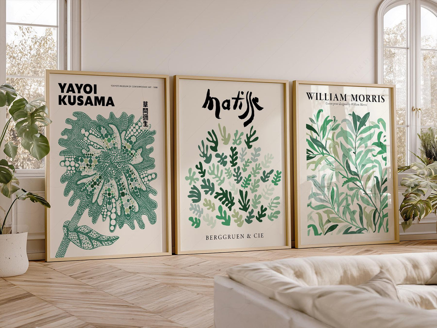 Set of 3 Green Botanical Prints – Kusama Matisse – high quality art print