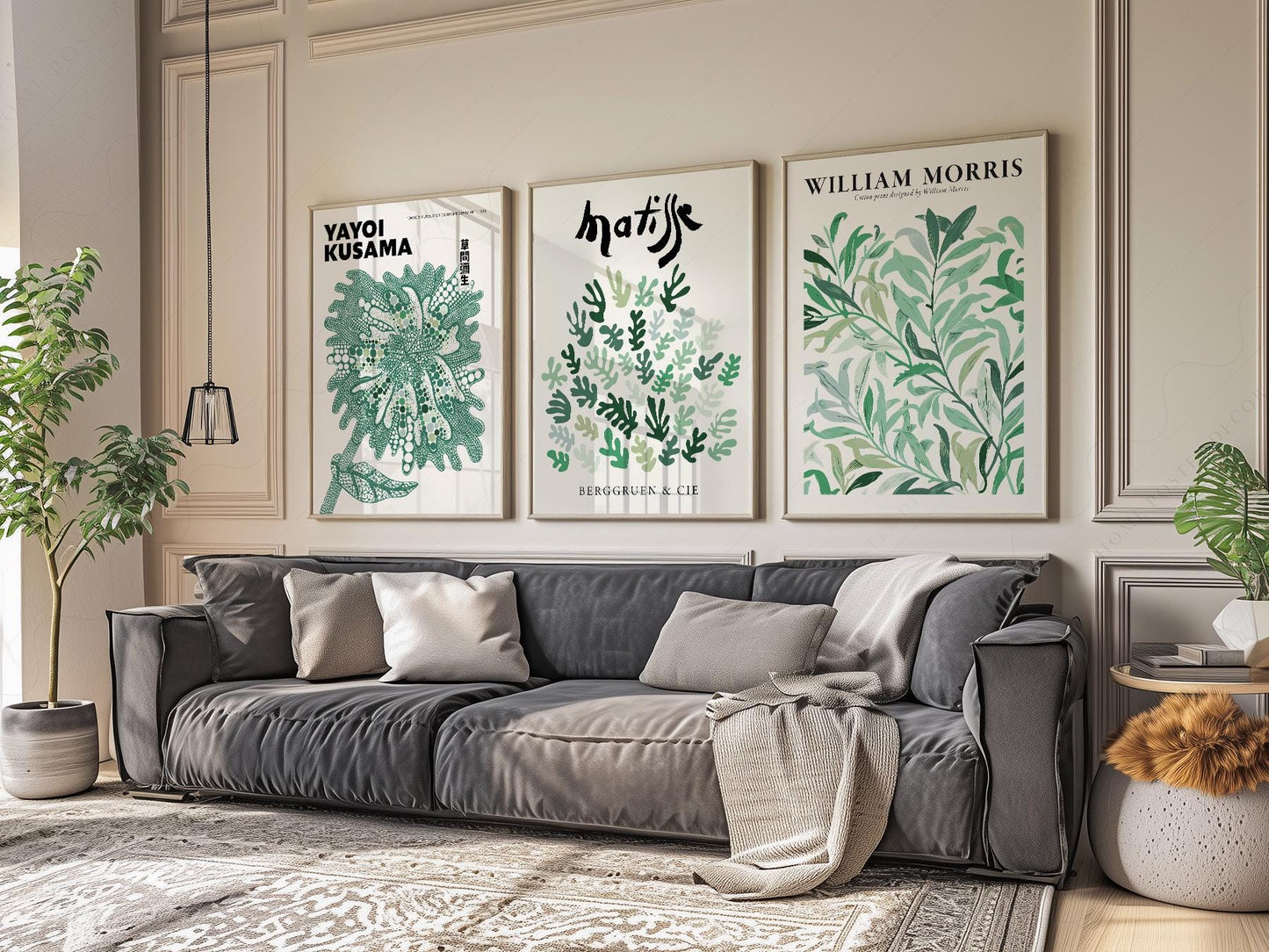 Set of 3 Green Botanical Prints – Kusama Matisse – exhibition poster wall art