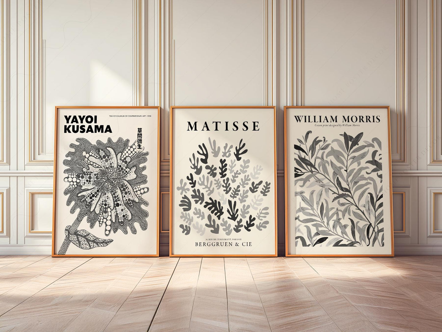 Set of three black and white art prints featuring Yayoi Kusama, Henri Matisse, and William Morris botanical wall art.