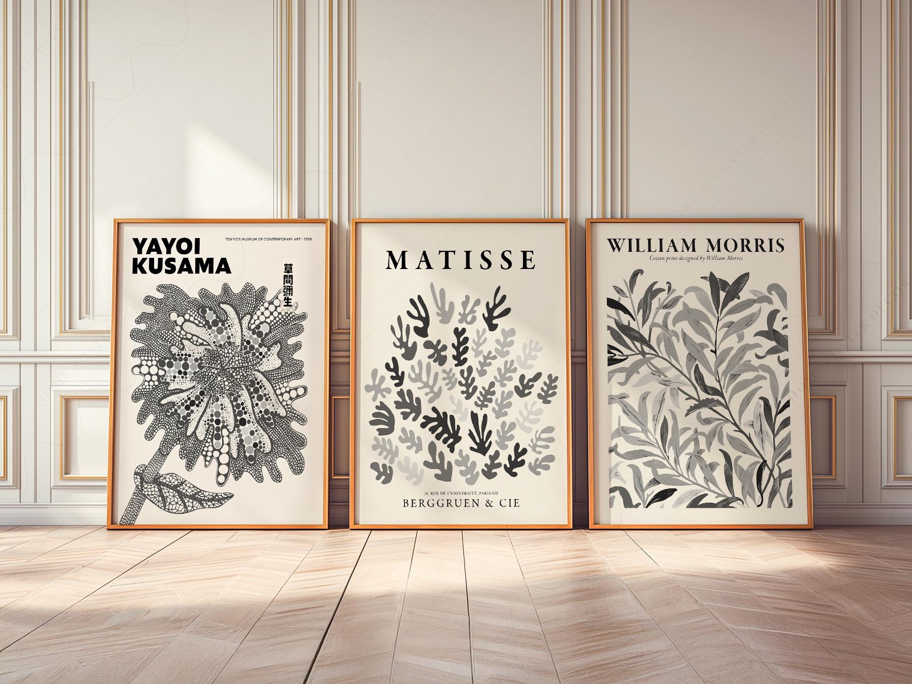 Set of three black and white art prints featuring Yayoi Kusama, Henri Matisse, and William Morris botanical wall art.